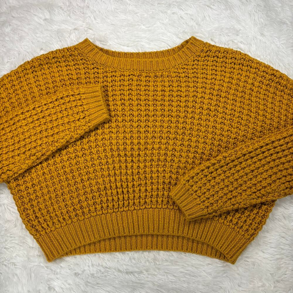 Mustard Gold Chunky Knit Cropped Sweater Drop Shoulder Crewneck Pullover Medium